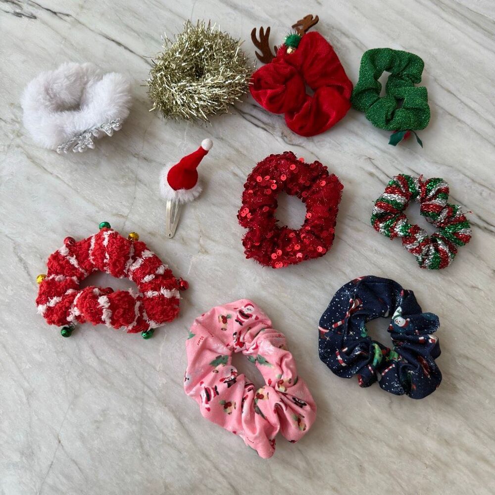 Christmas Holiday Scrunchie Hair Accessories Lot of 9 + Santa Hat Hair Clip